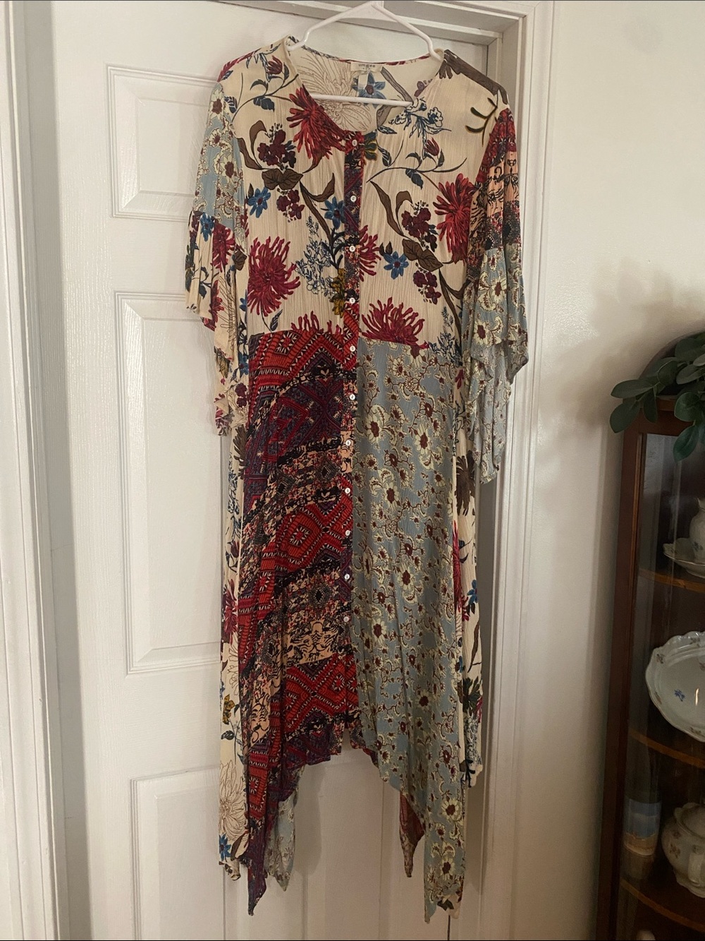Umgee Boho Floral Patchwork Midi Dress in Cream and Red